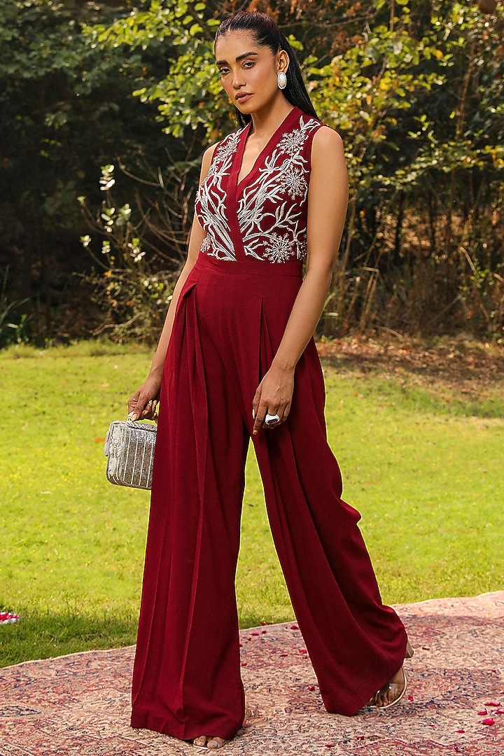 Wine Georgette Floral Embroidered Flared Jumpsuit by Ajiesh Oberoi at Pernia's Pop Up Shop