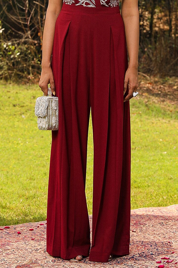 Wine Georgette Floral Embroidered Flared Jumpsuit by Ajiesh Oberoi at Pernia's Pop Up Shop