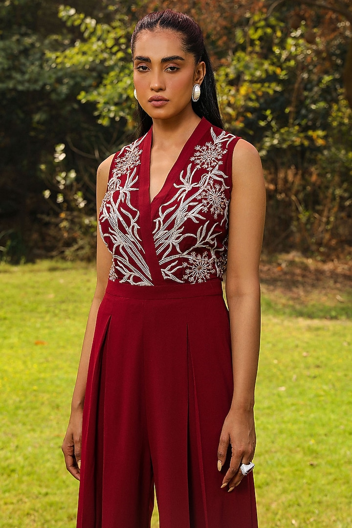 Wine Georgette Floral Embroidered Flared Jumpsuit by Ajiesh Oberoi at Pernia's Pop Up Shop