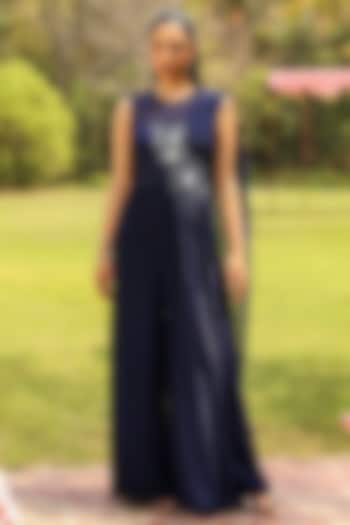 Navy Blue Georgette Floral Embroidered Pleated Draped Jumpsuit by Ajiesh Oberoi at Pernia's Pop Up Shop