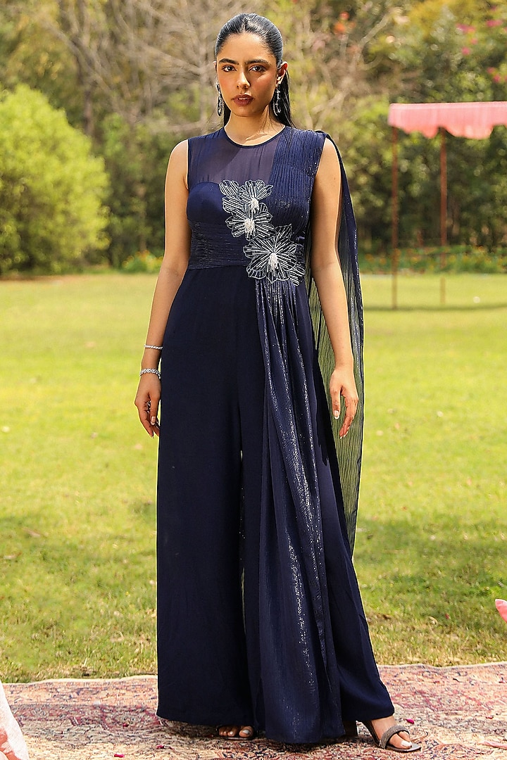 Navy Blue Georgette Floral Embroidered Pleated Draped Jumpsuit by Ajiesh Oberoi at Pernia's Pop Up Shop