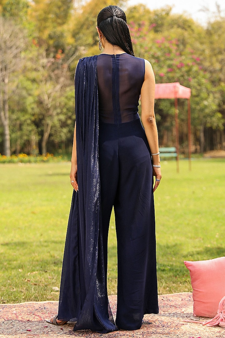 Navy Blue Georgette Floral Embroidered Pleated Draped Jumpsuit by Ajiesh Oberoi at Pernia's Pop Up Shop