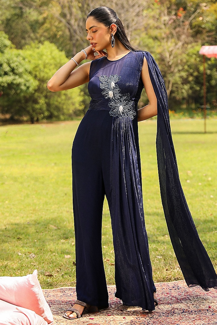 Navy Blue Georgette Floral Embroidered Pleated Draped Jumpsuit by Ajiesh Oberoi at Pernia's Pop Up Shop
