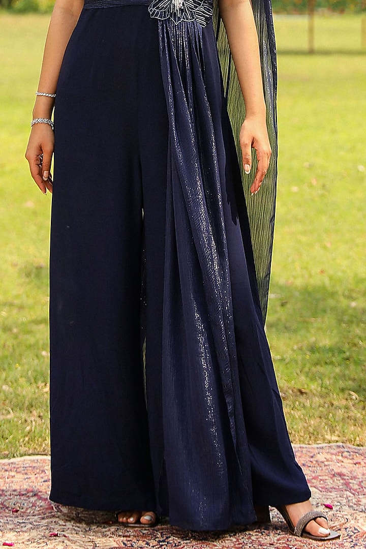 Navy Blue Georgette Floral Embroidered Pleated Draped Jumpsuit by Ajiesh Oberoi at Pernia's Pop Up Shop