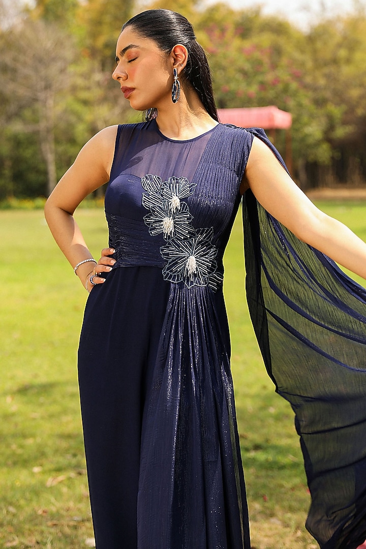 Navy Blue Georgette Floral Embroidered Pleated Draped Jumpsuit by Ajiesh Oberoi at Pernia's Pop Up Shop
