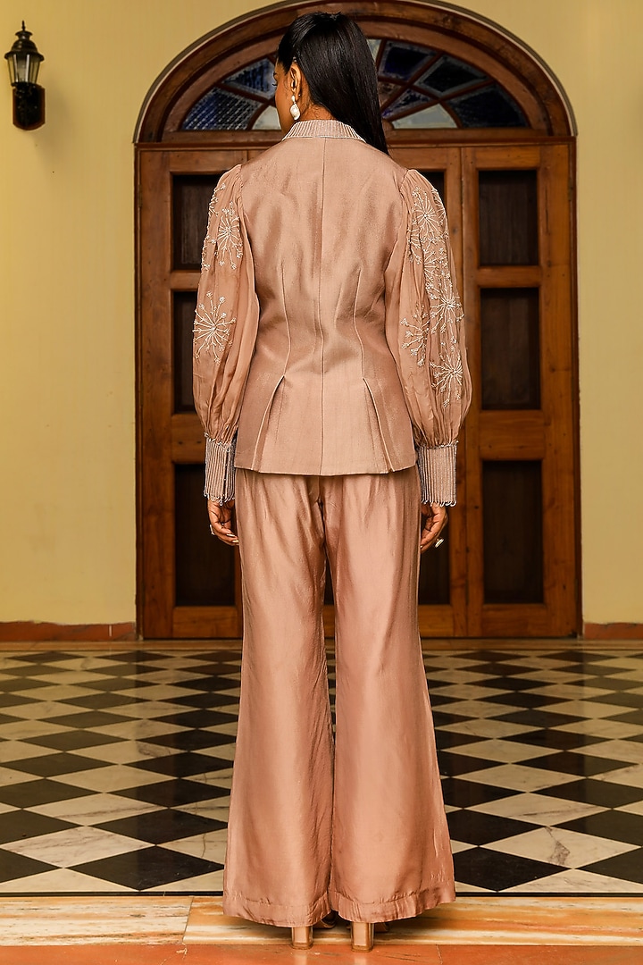 Skin-Colored Opada Silk Embellished Jacket Set by Ajiesh Oberoi at Pernia's Pop Up Shop