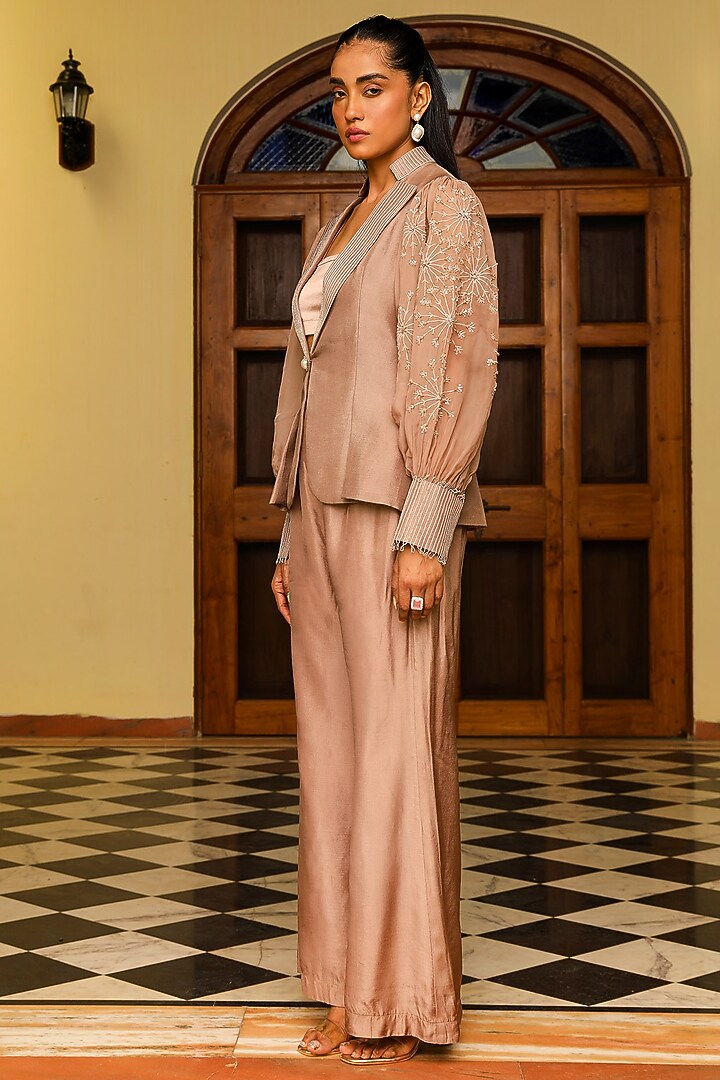 Skin-Colored Opada Silk Embellished Jacket Set by Ajiesh Oberoi at Pernia's Pop Up Shop