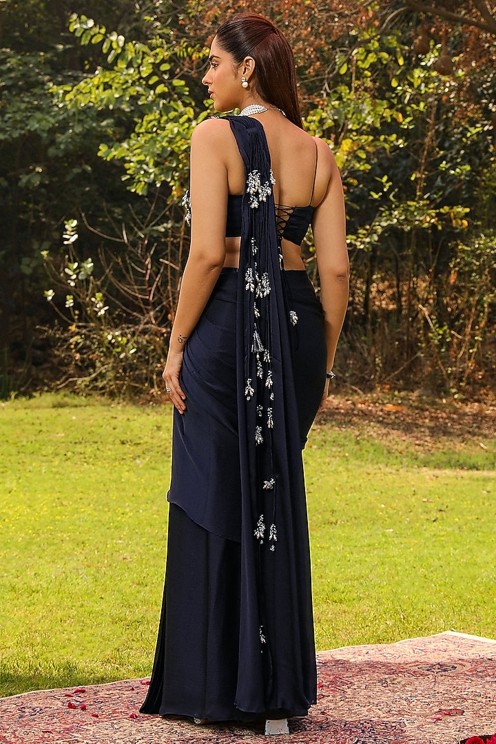 Navy Blue Modal Satin Mermaid Pre-Draped Wedding Saree Set by Ajiesh Oberoi at Pernia's Pop Up Shop