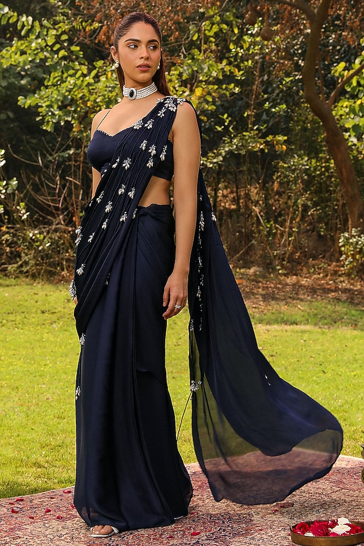 Navy Blue Modal Satin Mermaid Pre-Draped Wedding Saree Set by Ajiesh Oberoi at Pernia's Pop Up Shop
