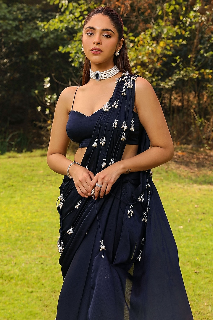 Navy Blue Modal Satin Mermaid Pre-Draped Wedding Saree Set by Ajiesh Oberoi at Pernia's Pop Up Shop