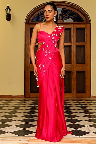 Rani Pink Modal Satin Mermaid Pre-Draped Saree Set by Ajiesh Oberoi