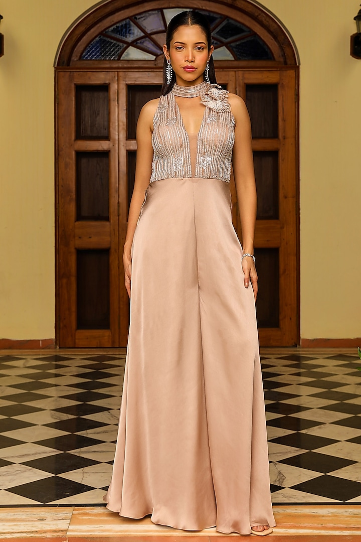 Skin-Colored Chiffon Embroidered Flared Jumpsuit by Ajiesh Oberoi at Pernia's Pop Up Shop