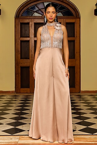 Skin-Colored Chiffon Embroidered Flared Jumpsuit by Ajiesh Oberoi