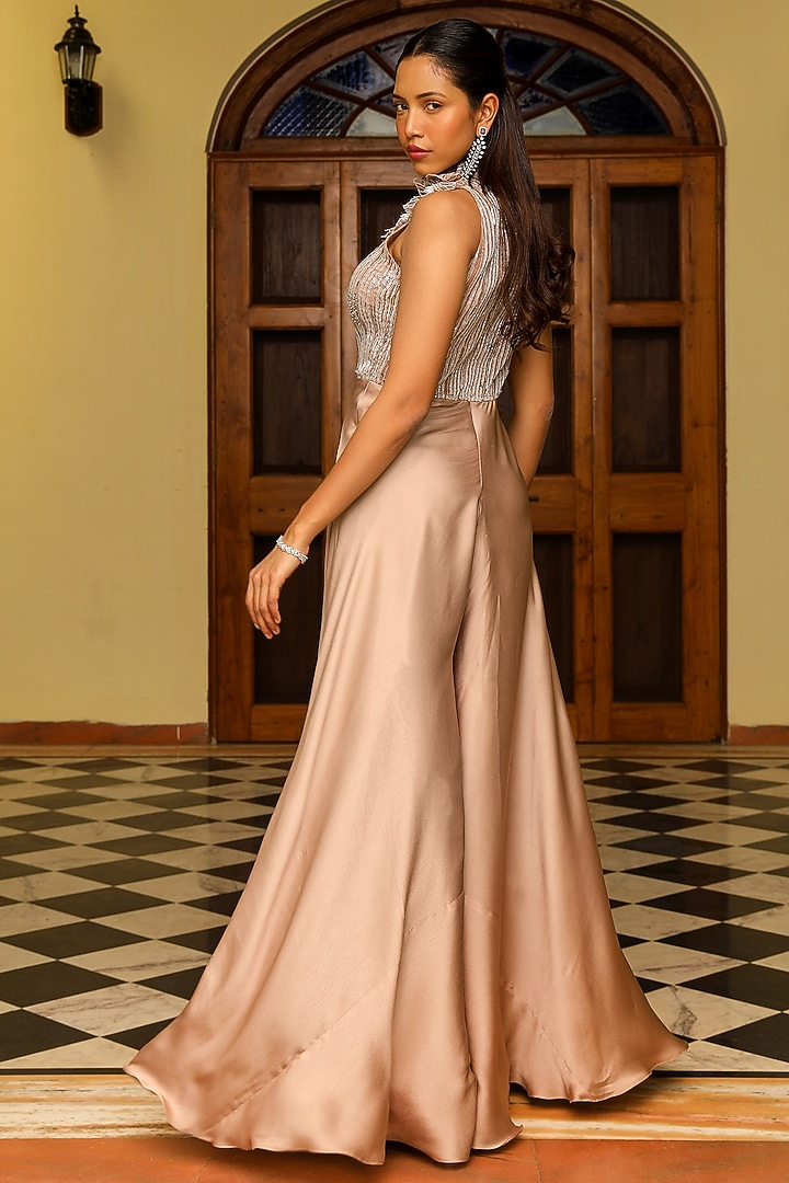Skin-Colored Chiffon Embroidered Flared Jumpsuit by Ajiesh Oberoi at Pernia's Pop Up Shop
