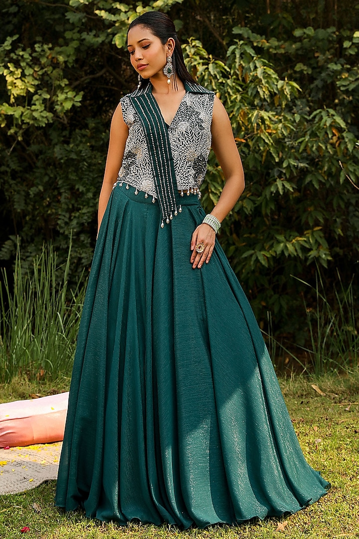 Green Organza & Wire Lurex Skirt Set by Ajiesh Oberoi at Pernia's Pop Up Shop