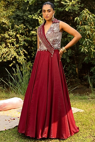 Wine Organza & Wire Lurex Skirt Set by Ajiesh Oberoi