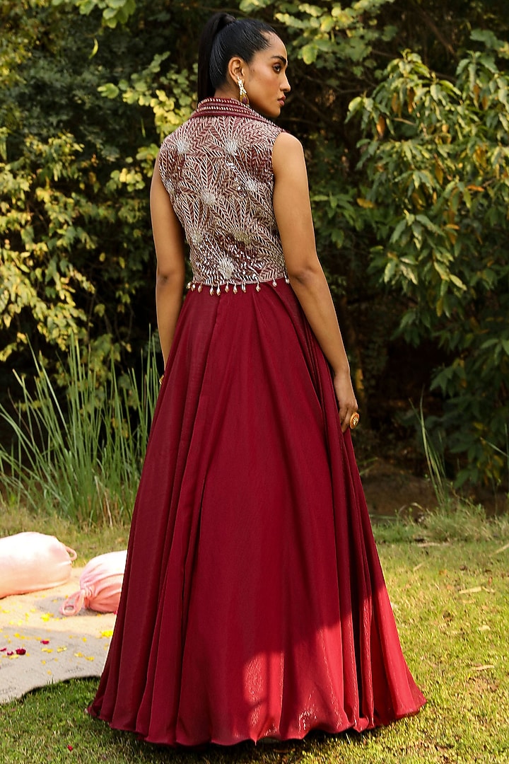 Wine Organza & Wire Lurex Skirt Set by Ajiesh Oberoi at Pernia's Pop Up Shop