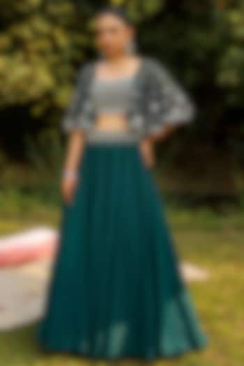 Green Organza & Wire Lurex Wedding Lehenga Set by Ajiesh Oberoi at Pernia's Pop Up Shop