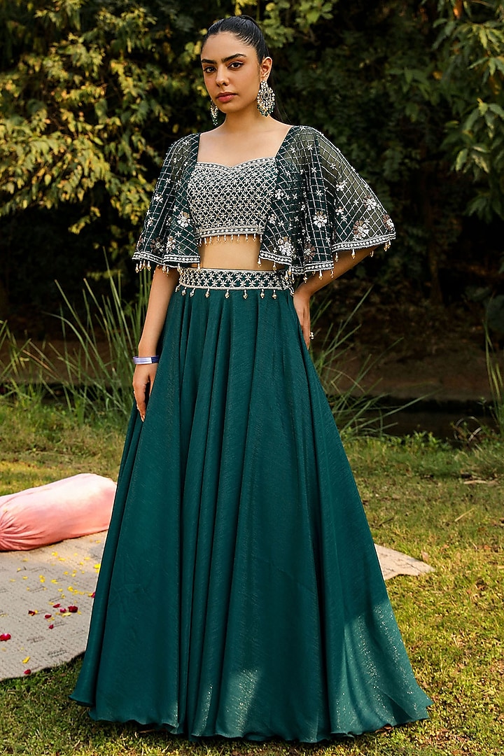 Green Organza & Wire Lurex Wedding Lehenga Set by Ajiesh Oberoi at Pernia's Pop Up Shop