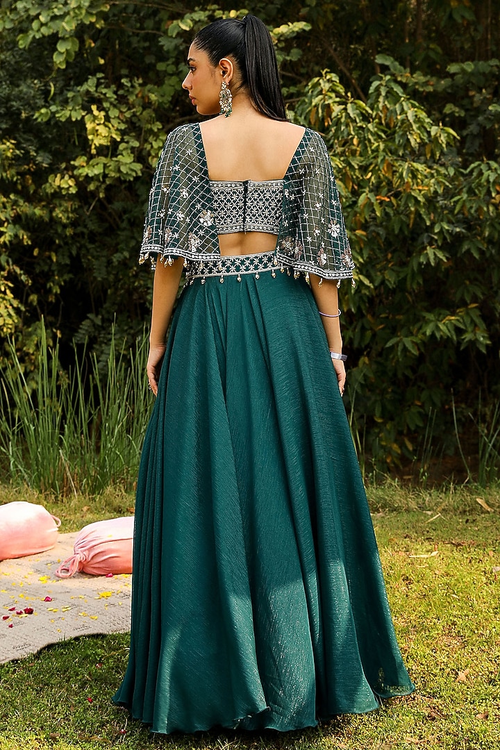 Green Organza & Wire Lurex Wedding Lehenga Set by Ajiesh Oberoi at Pernia's Pop Up Shop