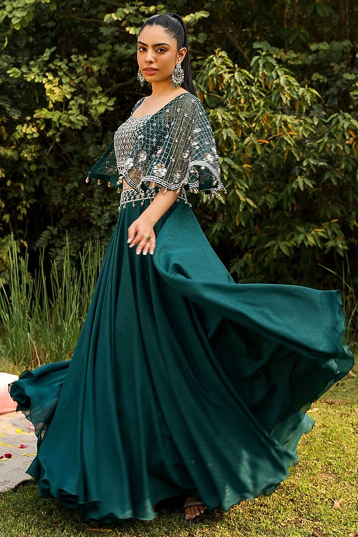 Green Organza & Wire Lurex Wedding Lehenga Set by Ajiesh Oberoi at Pernia's Pop Up Shop