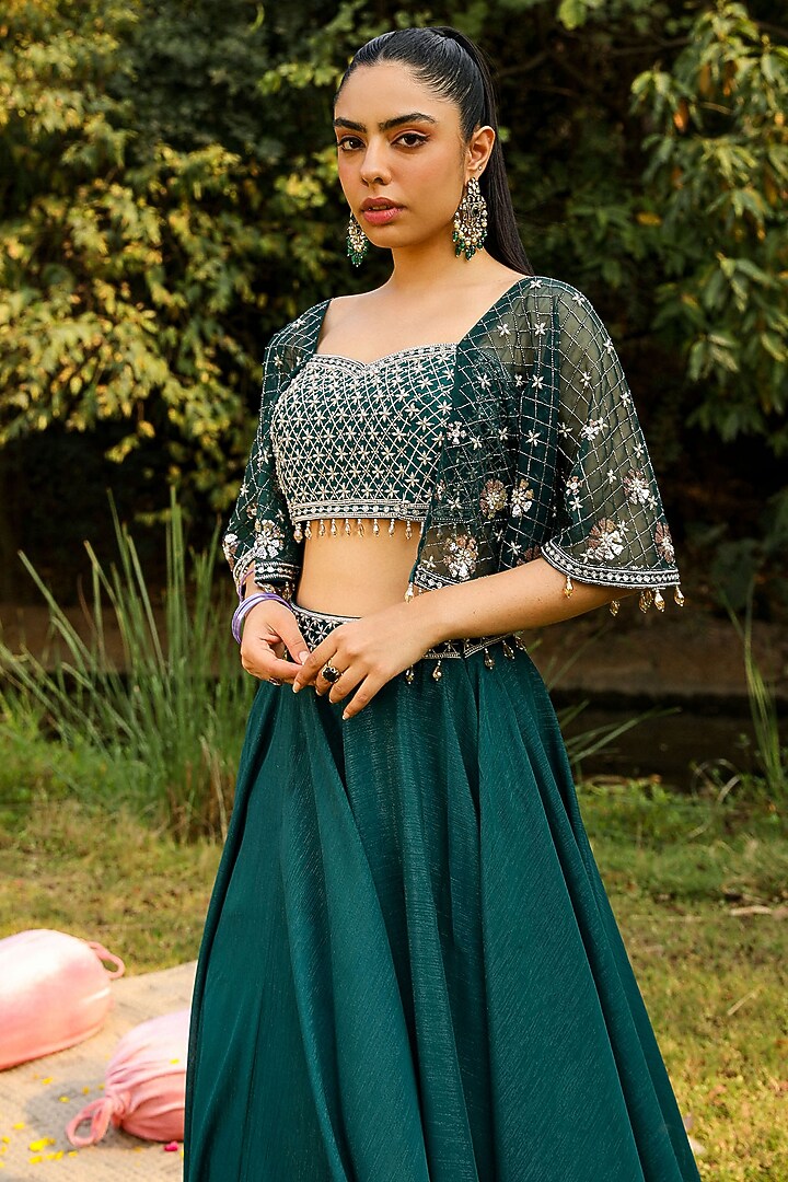 Green Organza & Wire Lurex Wedding Lehenga Set by Ajiesh Oberoi at Pernia's Pop Up Shop