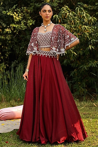 Wine Organza & Wire Lurex Lehenga Set by Ajiesh Oberoi