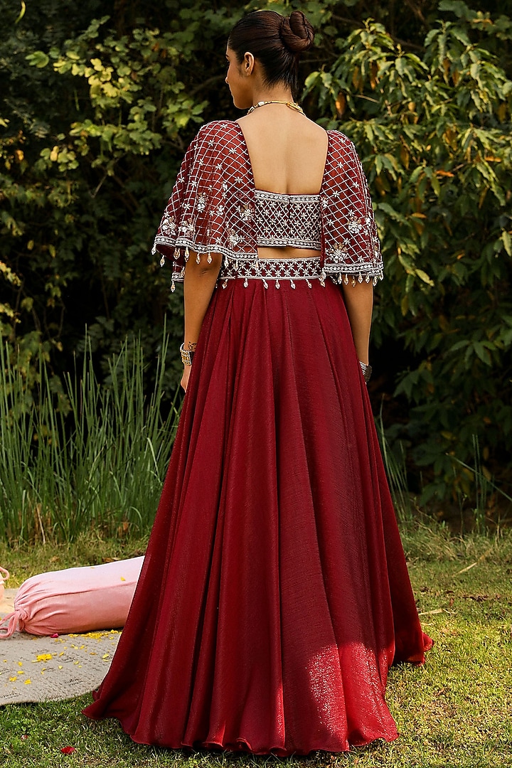 Wine Organza & Wire Lurex Wedding Lehenga Set by Ajiesh Oberoi at Pernia's Pop Up Shop