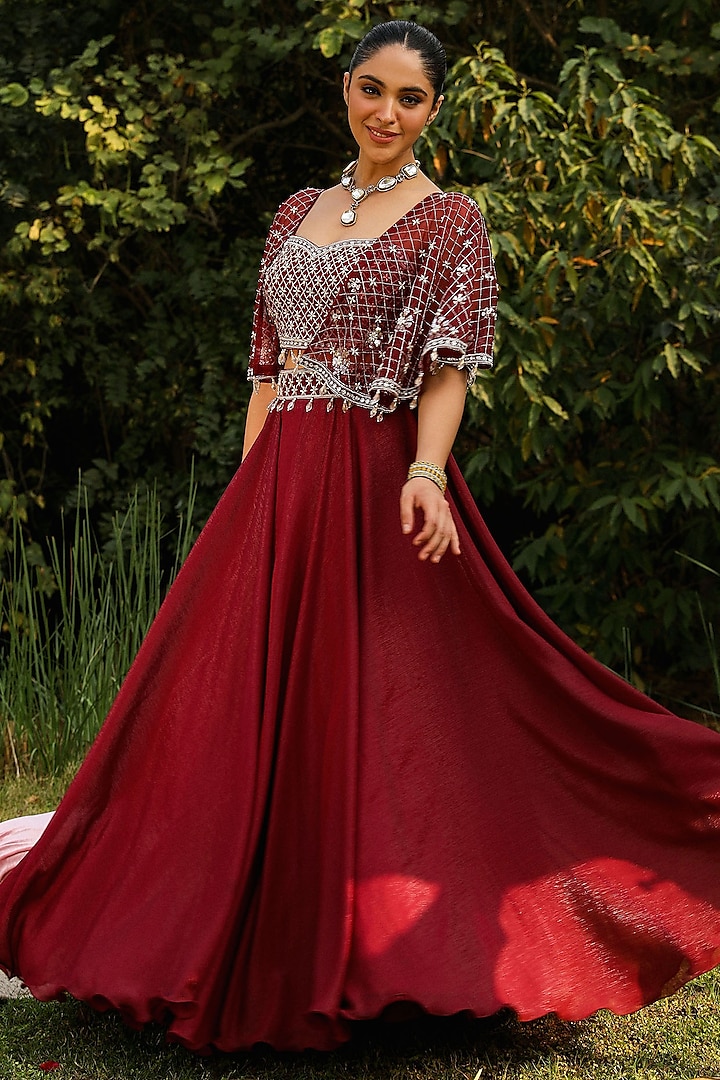 Wine Organza & Wire Lurex Wedding Lehenga Set by Ajiesh Oberoi at Pernia's Pop Up Shop
