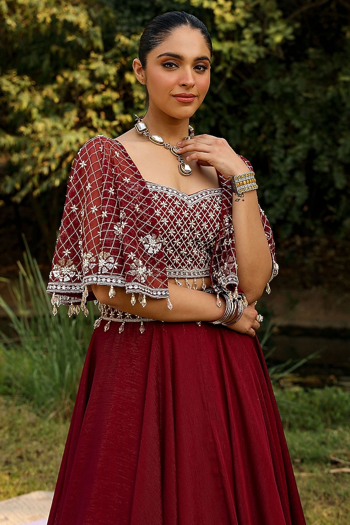 Wine Organza & Wire Lurex Wedding Lehenga Set by Ajiesh Oberoi at Pernia's Pop Up Shop