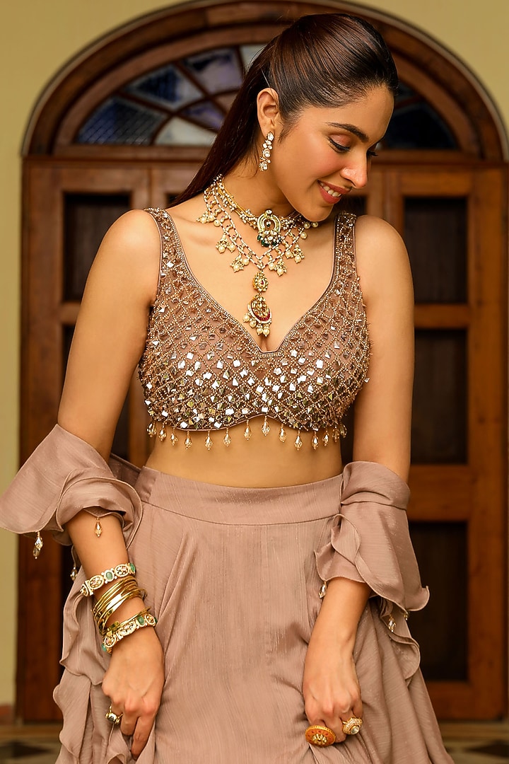 Skin-Colored Organza & Wire Lurex Wedding Lehenga Set by Ajiesh Oberoi at Pernia's Pop Up Shop