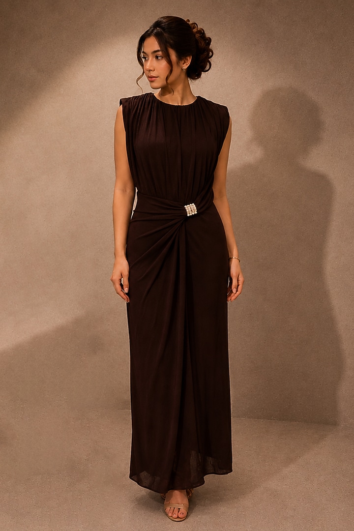 Brown Soft Stretch Jersey Metallic Embellished Summer Dress by Ajiesh Oberoi at Pernia's Pop Up Shop