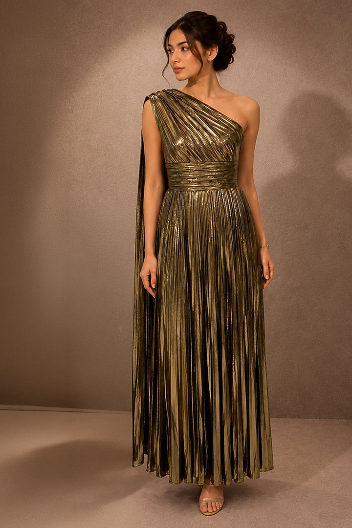 Gold Metallic Foil Pleated Draped Party Wear Gown by Ajiesh Oberoi at Pernia's Pop Up Shop