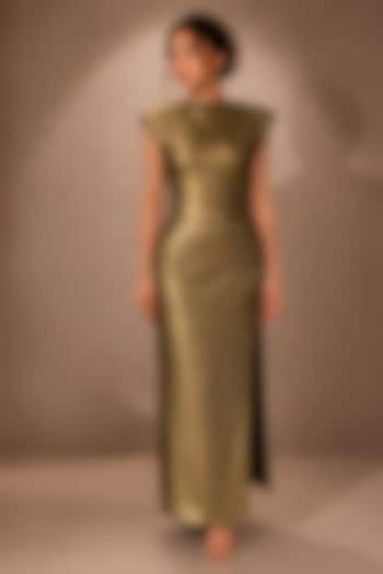 Gold Soft Stretch Jersey Draped Column Gown by Ajiesh Oberoi at Pernia's Pop Up Shop