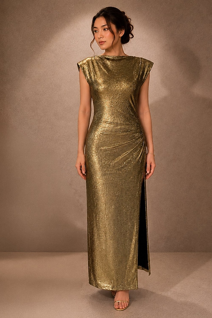 Gold Soft Stretch Jersey Draped Column Gown by Ajiesh Oberoi at Pernia's Pop Up Shop