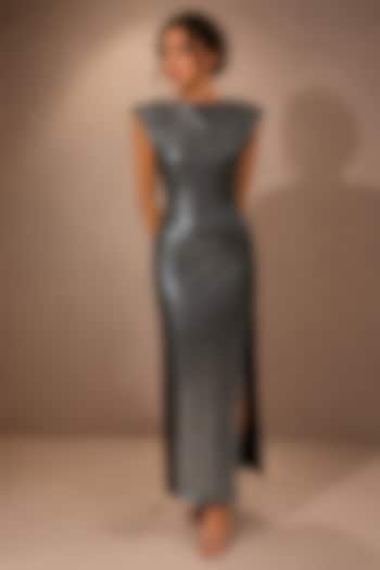 Grey Soft Stretch Jersey Draped Column Gown by Ajiesh Oberoi at Pernia's Pop Up Shop