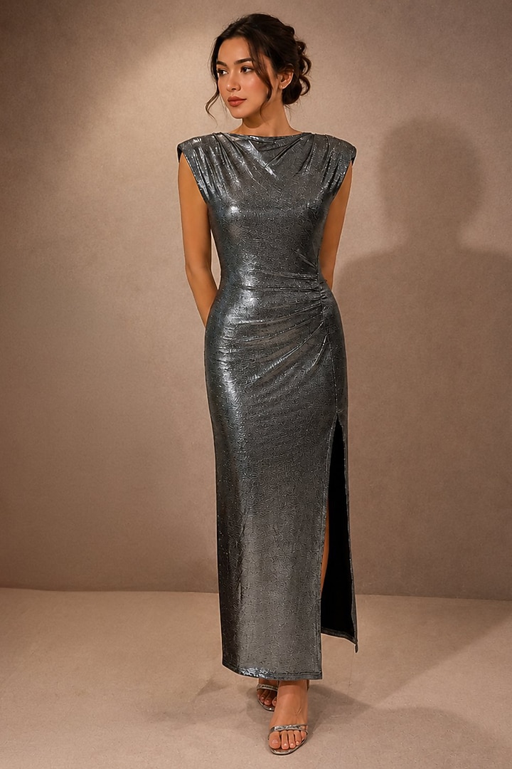Grey Soft Stretch Jersey Draped Column Gown by Ajiesh Oberoi at Pernia's Pop Up Shop