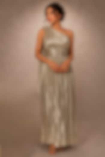 Silver Metallic Foil Pleated Draped Party Wear Gown by Ajiesh Oberoi at Pernia's Pop Up Shop