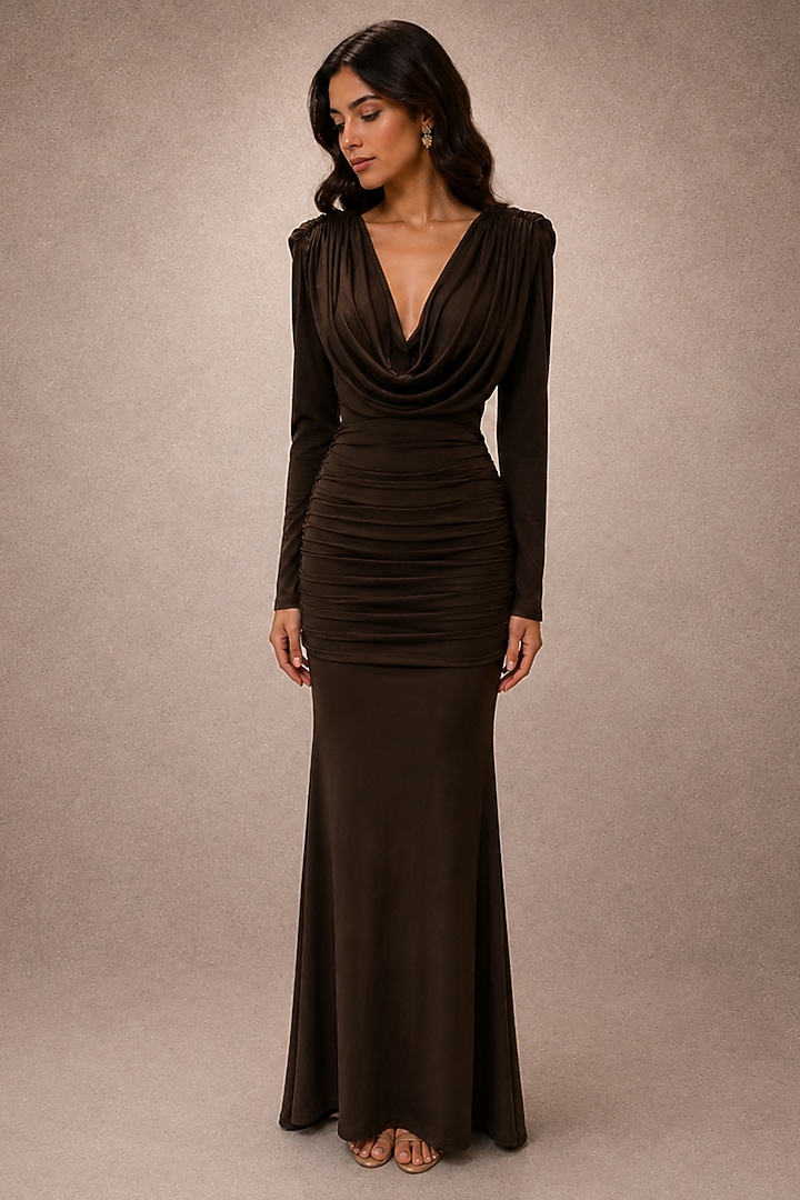 Brown Soft Stretch Jersey Gown by Ajiesh Oberoi at Pernia's Pop Up Shop
