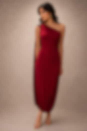 Deep Burgundy Soft Stretch Jersey Draped One-Shoulder Maxi Summer Dress by Ajiesh Oberoi at Pernia's Pop Up Shop