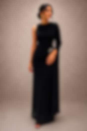 Black Soft Stretch Jersey Asymmetrical Draped Gown by Ajiesh Oberoi at Pernia's Pop Up Shop
