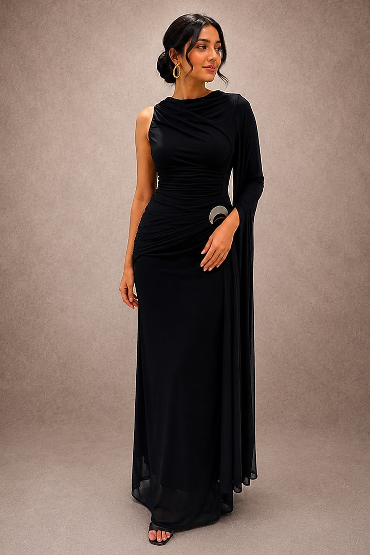 Black Soft Stretch Jersey Asymmetrical Draped Gown by Ajiesh Oberoi at Pernia's Pop Up Shop