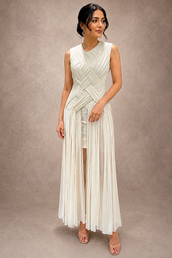 White Soft Stretch Jersey Pleated Maxi Summer Dress by Ajiesh Oberoi at Pernia's Pop Up Shop
