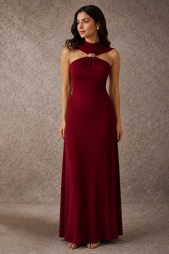 Burgundy Soft Stretch Jersey Maxi Summer Dress by Ajiesh Oberoi at Pernia's Pop Up Shop