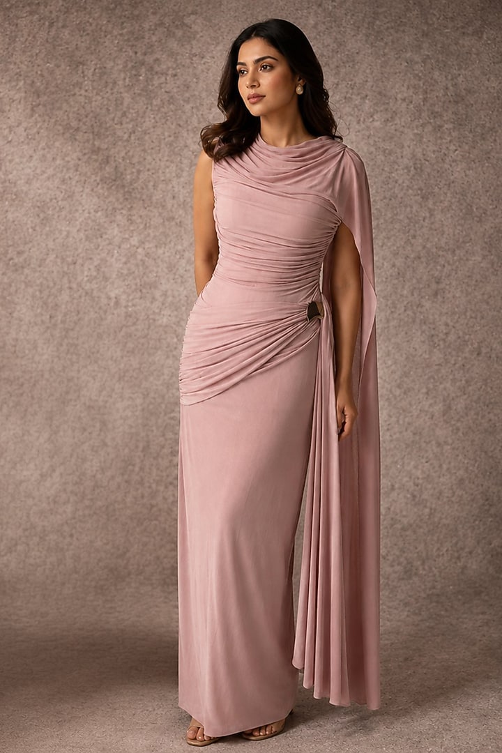 Lilac Soft Stretch Jersey Ruched Gown by Ajiesh Oberoi at Pernia's Pop Up Shop