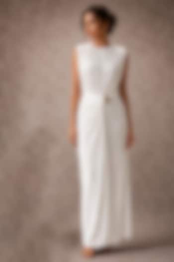 White Soft Stretch Jersey Metallic Embellished Draped Maxi Summer Dress by Ajiesh Oberoi at Pernia's Pop Up Shop