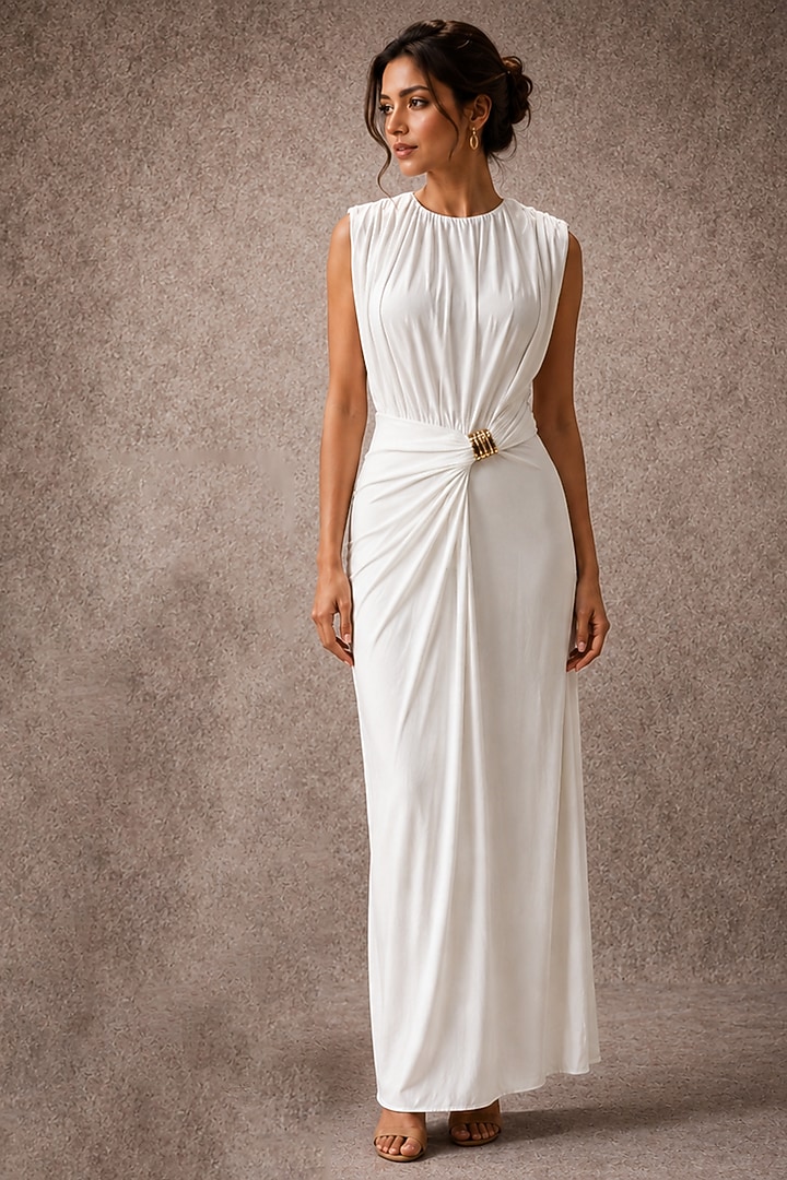 White Soft Stretch Jersey Metallic Embellished Draped Maxi Summer Dress by Ajiesh Oberoi at Pernia's Pop Up Shop