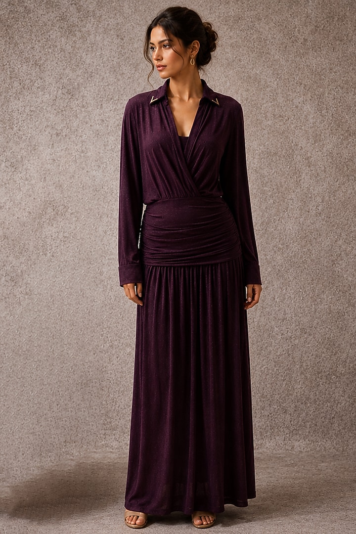 Purple Soft Stretch Jersey Draped Gown by Ajiesh Oberoi at Pernia's Pop Up Shop