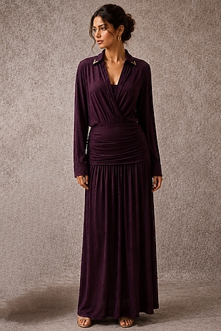 Purple Soft Stretch Jersey Draped Gown by Ajiesh Oberoi