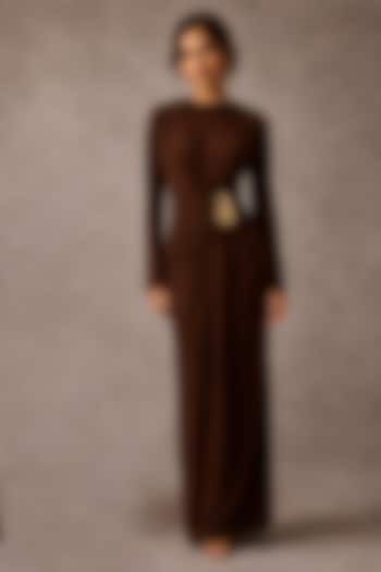 Brown Soft Stretch Jersey Draped Column Gown by Ajiesh Oberoi at Pernia's Pop Up Shop